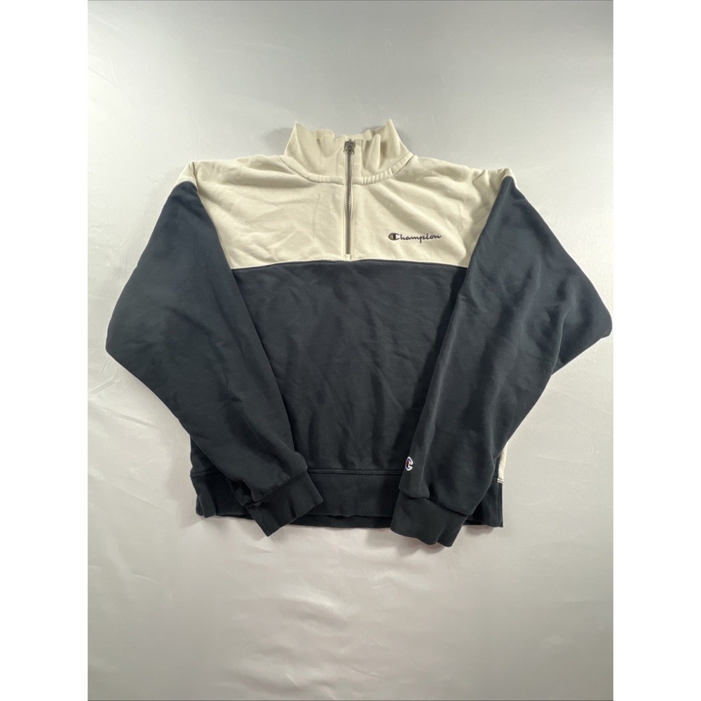 Champion 1/4 Zip Sweatshirt Cropped Women's Small Oversized Black & Tan